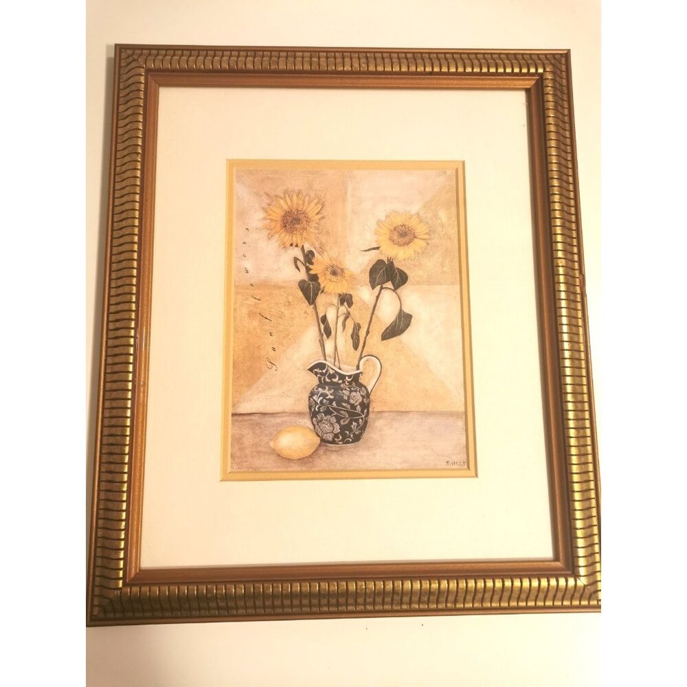 S. HELY Signed Sunflower Print "Sunflower Court" - Premium Gold Framed Art 15x13
